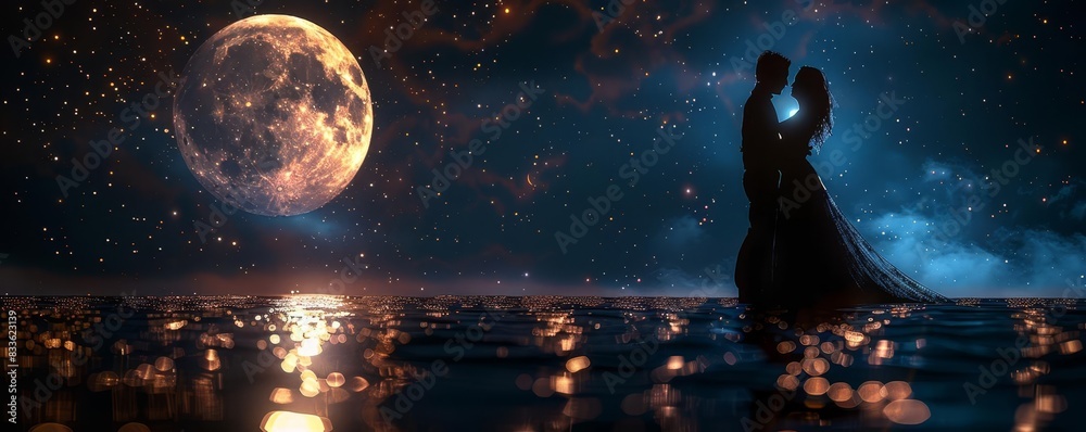 Couple embraces under a moonlit sky with stars reflecting on the water ...