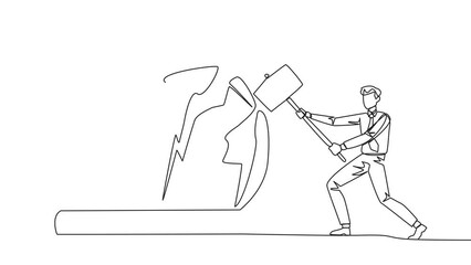 Poster - Self drawing animation of single continuous line drawing businessman preparing to hit big crown. Destroying symbols of authoritarian kingdom. Expect justice for business people. Full length animated