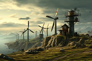 Wall Mural - Sustainable energy concept with windmills and a rustic lighthouse on a serene coast