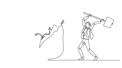 Poster - Self drawing animation of single continuous line drawing businessman preparing to hit the big alarm clock. Can't manage time well. Many business opportunities disappear. Full length animated