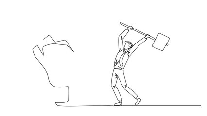 Poster - Animated self drawing of continuous one line drawing businessman preparing to hit a big lightbulb. The thrashing anger. Failed to secure a brilliant business idea. Full length single line animation