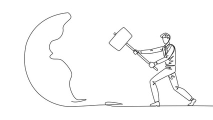 Poster - self drawing animation of continuous one line drawing businessman preparing to hit the big globe. di