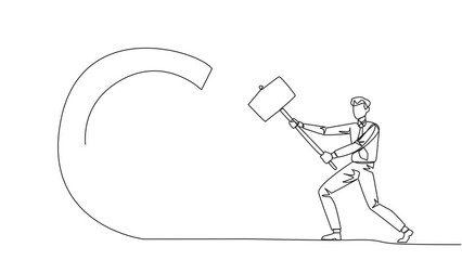 Poster - Animation of single continuous line drawing businessman preparing to hit a large coin with a dollar symbol. Failed to get new investors. Failed to get income. Expressing anger. Full length motion