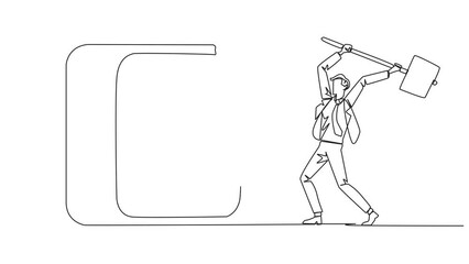 Poster - Animation of single continuous line drawing businessman preparing to hit a big safe deposit box. Boss is furious want to destroy it with hammer. Angry businessman. Losing file. Full length motion
