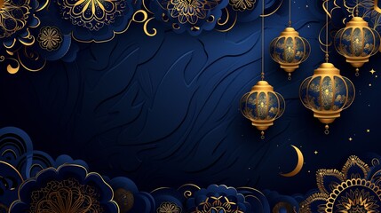 Wall Mural - Abstract background with decorative lanterns, crescents, and floral arabesques