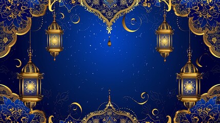 Wall Mural - Abstract background with decorative lanterns, crescents, and floral arabesques