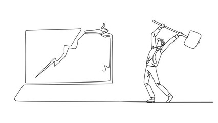 Poster - Animated self drawing of single one line drawing businessman preparing to hit laptop. Rampage. Destroying technology that cannot be used optimally. Upgrade hardware. Full length single line animation