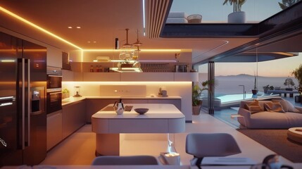Poster - a future home integrates smart technology seamlessly, allowing for automated chores, energy efficien