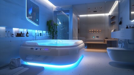 Poster - A future home bathroom features smart fixtures that optimize water use and provide a spa-like experience