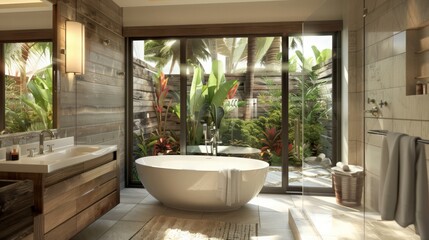 Poster - A future home bathroom features smart fixtures that optimize water use and provide a spa-like experience