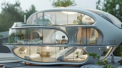 Poster - A futuristic house model with an innovative design, including curved walls and a glass dome roof