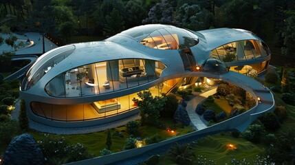 Poster - A futuristic house model with an innovative design, including curved walls and a glass dome roof