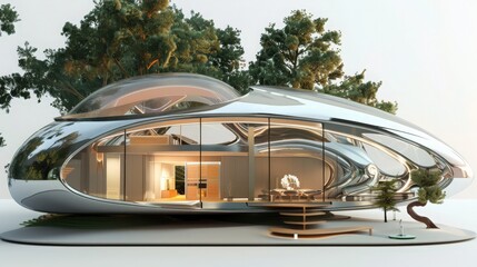 Poster - A futuristic house model with an innovative design, including curved walls and a glass dome roof