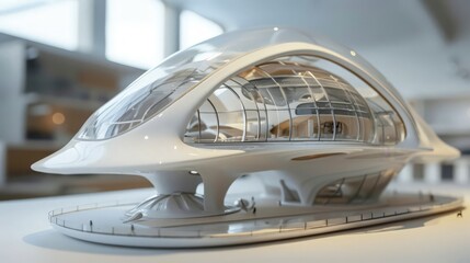 Poster - A futuristic house model with an innovative design, including curved walls and a glass dome roof