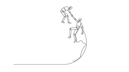 Poster - Animated self drawing of continuous line drawing smart robotic helps colleague climb the big globe. Metaphor of reaching top of the world through increasing business. Full length single line animation