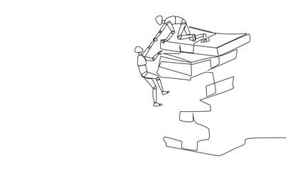 Poster - self drawing animation of single line drawing smart robotic helping colleague climb a large pile of 