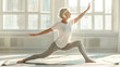 © ksu_ok - A middle-aged woman performing a yoga pose on a mat in a bright, airy studio. She is wearing comfortable, form-fitting yoga attire and has a serene expression on her face.