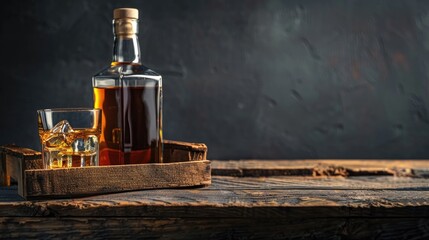 Wall Mural - Whiskey on the rocks in a glass and bottle on a wooden crate with a dark backdrop close up shot Room for text