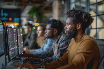 A group of developers men and women working together to program an e-commerce website.