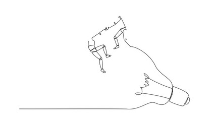 Poster - animation of continuous one line drawing smart robot helps colleague climb the big lightbulb. metaph