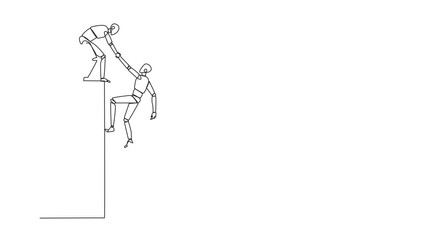 Poster - Self drawing animation of one line drawing smart robotic helps colleague climb the big bar graph. Helps to climb to higher ground. Move forward and success together. Teamwork. Full length animated