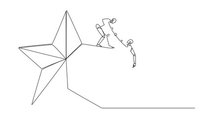 Poster - Animated self drawing of continuous line drawing smart robot helps colleague climb big star. Metaphor achieving dreams of success. Have a very good career position. Full length single line animation