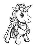 Cute little unicorn wearing a superhero costume. Coloring book page.	