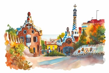 Park Guell Gaudi in Barcelona. Isolated bright watercolor illustration on white background