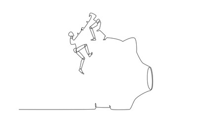 Poster - Self drawing animation of continuous line drawing robot helps colleague climb the big piggy bank. Remind each other in kindness. Investment for the future. Super great teamwork. Full length animated