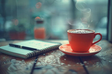 The table with a hot coffee cup, Morning atmosphere, notebook, pen, and Space on the left side.