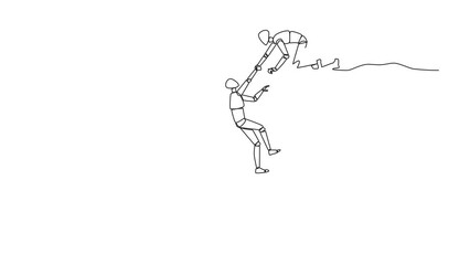 Poster - Animation of one line drawing smart robotic helps colleague climbing a wide hole. Teamwork helps colleague who fallen. Success together. Continuous line self drawing animated. Full length motion
