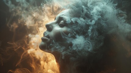 Wall Mural - A woman with smoke coming out of her head and hair, AI