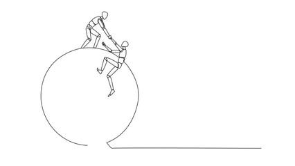 Poster - Self drawing animation of continuous line drawing smart robotic helps colleague climb the big arrow board target. Metaphors help focus on completing tasks one at time. Together. Full length animated