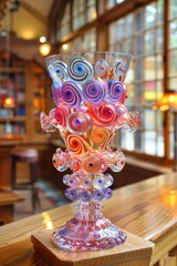 Wall Mural - A glass vase with colorful swirls on top of a wooden table, AI