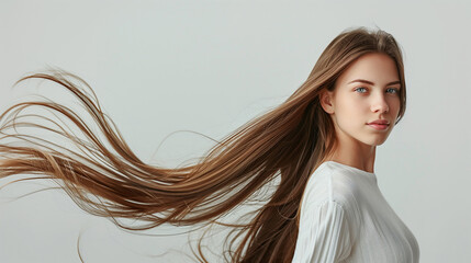 Wall Mural - Young woman with long hair posing in a photo studio. Bright studio lights, solid white background, space for text.