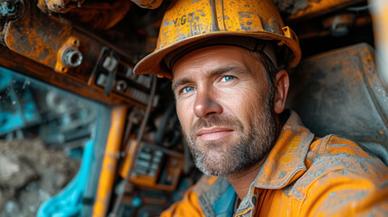 Portrait of a miner wearing a safety helmet and uniform, covered in dust, inside a mine. It reflects the hardness and dedication of work in mining.