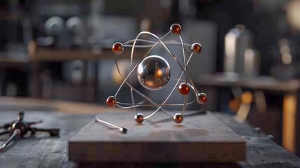 Poster - Iron atom structure: Depict an iron atom, with its 26 protons, 30 neutrons, and 26 electrons, highlighting its role in construction and manufacturing.