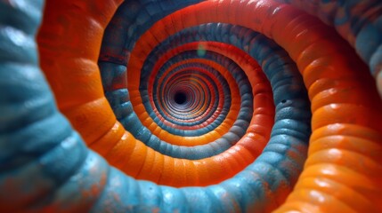 A spiral of orange and blue colored objects are in a circular formation, AI