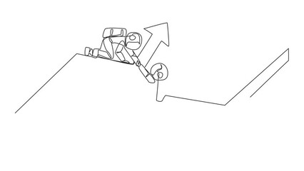 Poster - Self drawing animation of single line drawing astronaut helps colleague climb arrow symbol. Teamwork to raise better level together. Best partner ever. Maintain cohesiveness. Full length animated