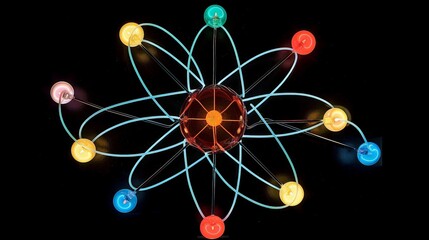 Poster - Neon atom: Illustrate a neon atom, detailing its 10 protons, 10 neutrons, and 10 electrons, and its use in neon signs