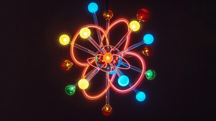 Poster - Neon atom: Illustrate a neon atom, detailing its 10 protons, 10 neutrons, and 10 electrons, and its use in neon signs