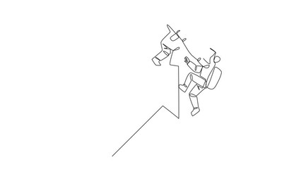 Poster - Animation of continuous line drawing astronaut helps colleague climb the big rising arrow symbol. Compact teamwork. Positive effect on company. Complete work correctly. Full length motion