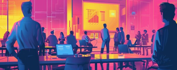 Poster - A futuristic office environment with people collaborating, discussing ideas, and analyzing data on large screens.