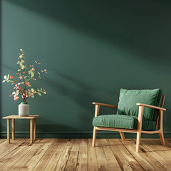 Modern wooden living , Living room interior has an green armchair on empty dark green wall background, room, Light room with sofa and armchair on empty dark green wall background,