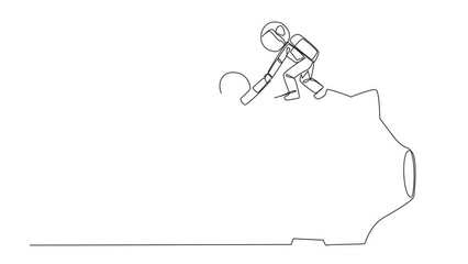 Poster - Animated self drawing of single line drawing astronaut helps colleague climb the big piggy bank. Remind each other in kindness. Investment for the future. Teamwork. Full length single line animation