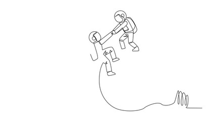 Poster - animated self drawing of single continuous line drawing young astronaut helps colleague climb the bi