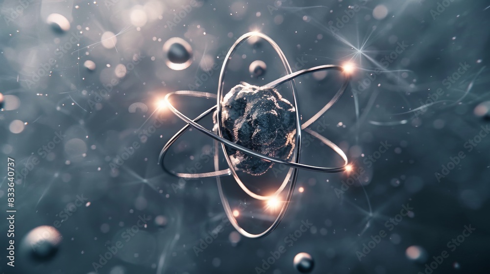 Titanium atom: Depict a titanium atom, highlighting its 22 protons, 26 neutrons, and 22 electrons, and its importance in aerospace and medical implants.