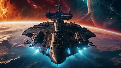 Wall Mural - Massive sci-fi spaceship in orbit over a colorful planet, exploring the cosmos, alien spacecraft