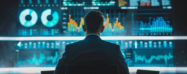 Poster - Business professional analyzing data on multiple screens in a modern office, focusing on finance and market trends.