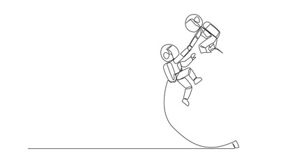 Poster - Self drawing animation of one line drawing young astronaut helps colleague climb the big arrow board target. Metaphors help focus on completing tasks one at time. Together. Full length animated